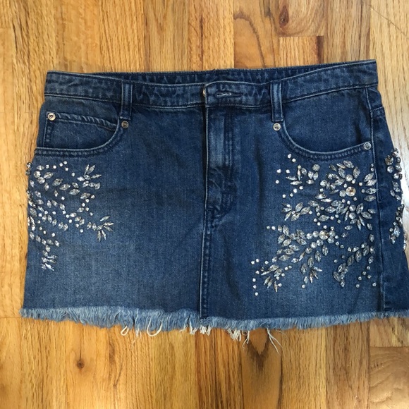 Free People Rhinestone Denim Frayed Mini Skirt - Picture 3 of 8
